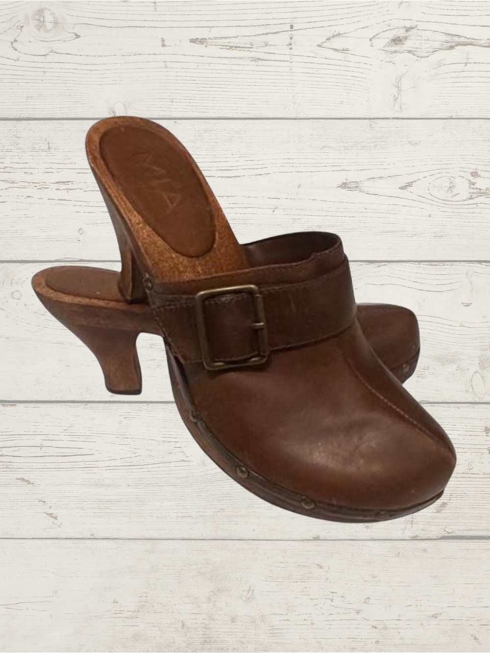 MIA Brown Leather Clogs Wood Platform Heel Mules Buckle Studded Y2K Boho Sz 9